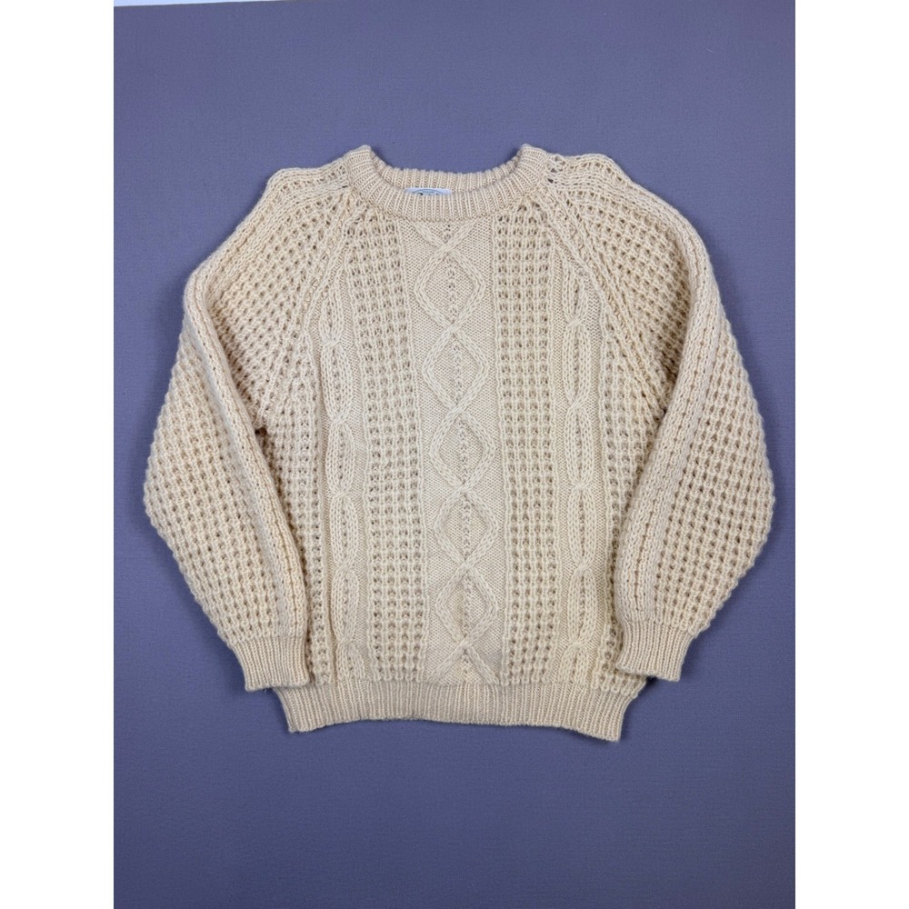 Blarney Woollen Mills Aran Knit Sweater Mens 40 Cream Pure Wool Made in Ireland
